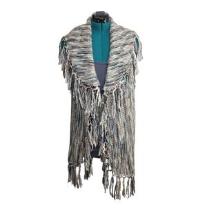 CHICOS Women's Wool Blend‎ Boucle Striped Fringe Nolan Vest Sweater Size 1-Med